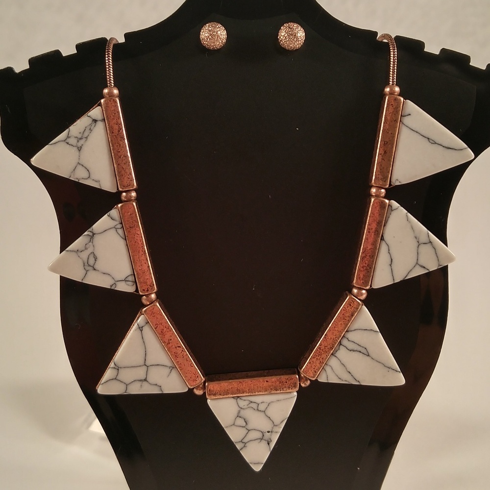 Necklace earring set copper white triangle stone